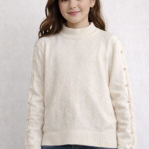 Nikkak Cream Sweater Pearl Sleeve Detail — Size M — Cozy Knit